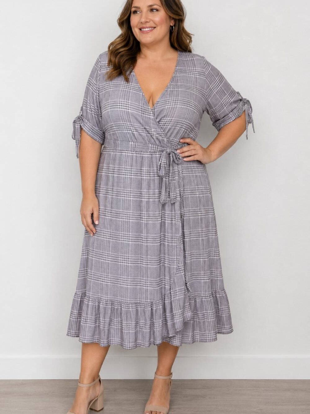 Torrid Black,White & Purple Plaid Faux Wrap Midi-Dress, Ruffled Hem, Size 2, 2X